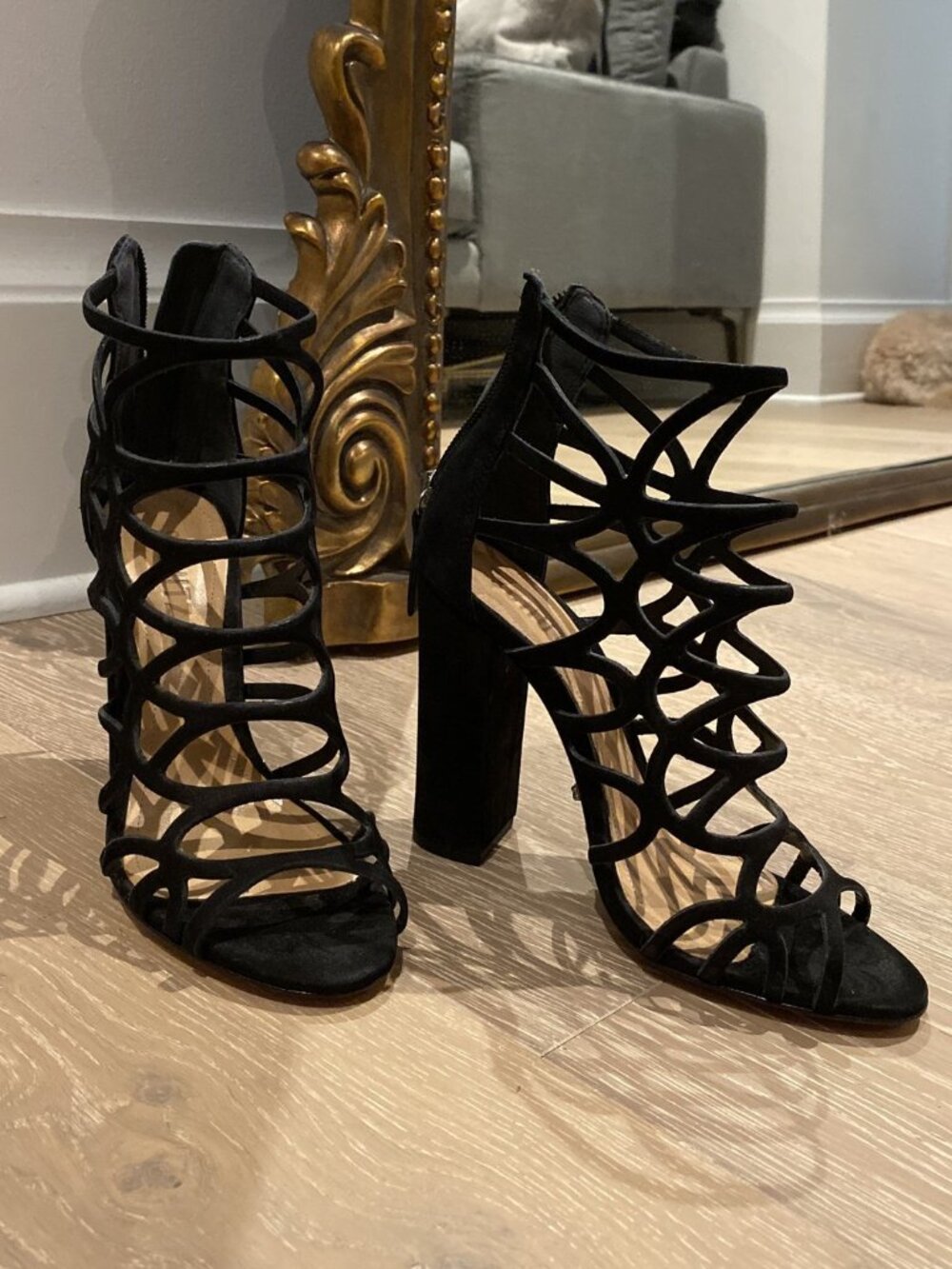 Schutz Black Caged Cutout Block Heel Sandals